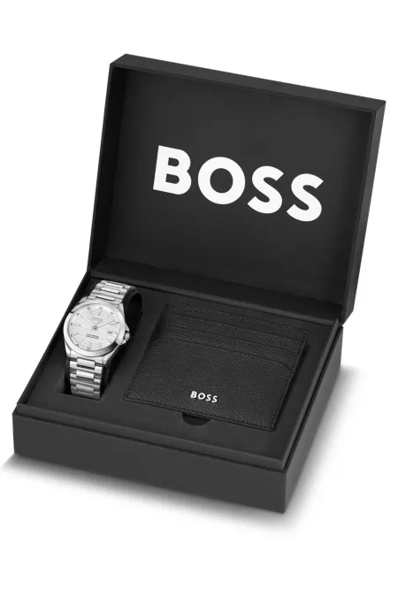 Groove-dial watch and leather card holder gift set