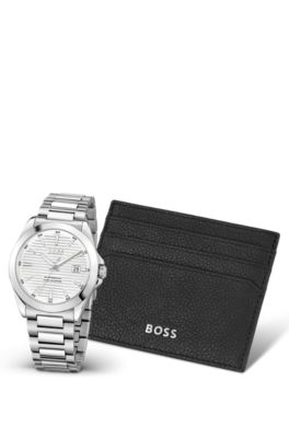 Set regalo con orologio con quadrante scanalato e portatessere in pelle, Argento