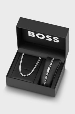 Gift-boxed necklace and cuff, Silver tone