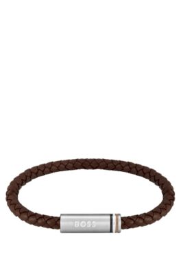 Brown braided-leather cuff with magnetic logo closure, Brown