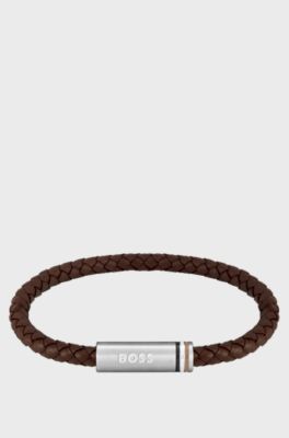 Brown braided-leather cuff with magnetic logo closure, Brown