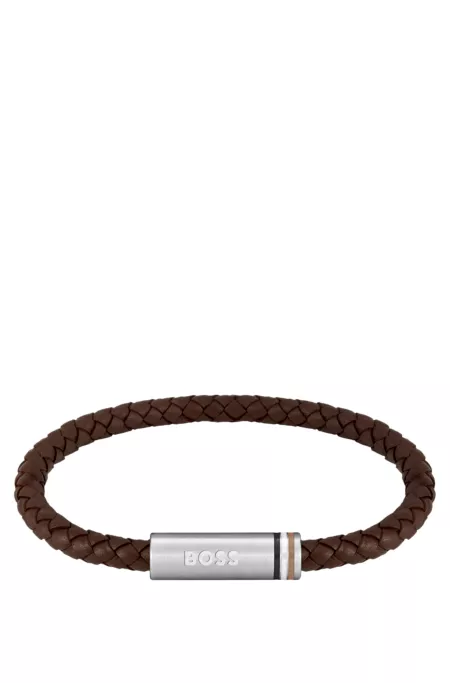 Brown braided-leather cuff with magnetic logo closure