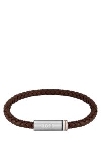 Bracelet marron en cuir tress&eacute; avec fermoir magn&eacute;tique logot&eacute;, Marron