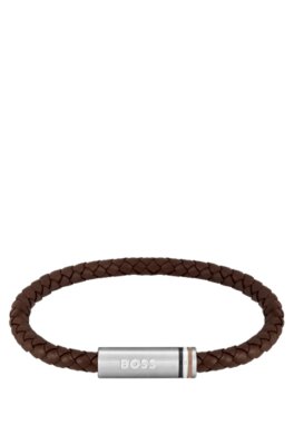 Bracelet marron en cuir tressé avec fermoir magnétique logoté