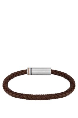 Bracelet marron en cuir tress&eacute; avec fermoir magn&eacute;tique logot&eacute;, Marron