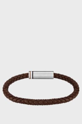 Brown braided-leather cuff with magnetic logo closure, Brown