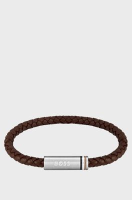 Brown braided-leather cuff with magnetic logo closure, Brown