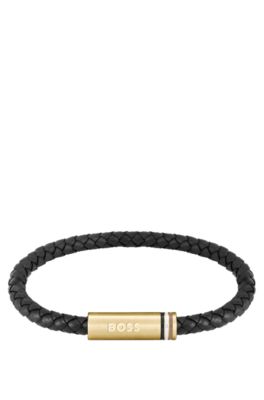 BOSS Black braided leather cuff with magnetic logo closure Black