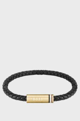 Black braided-leather cuff with magnetic logo closure, Black