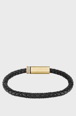 Black braided-leather cuff with magnetic logo closure, Black