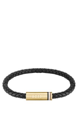 Bracelet en cuir noir tress&eacute; avec fermoir magn&eacute;tique logot&eacute;, Noir