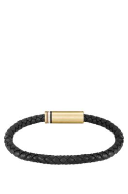 Bracelet en cuir noir tress&eacute; avec fermoir magn&eacute;tique logot&eacute;, Noir