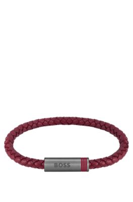Red braided-leather cuff with magnetic logo closure, Red