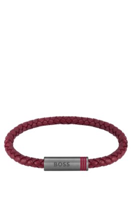 Bracelet en cuir rouge tressé avec fermoir magnétique logoté