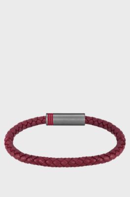 Red braided-leather cuff with magnetic logo closure, Red