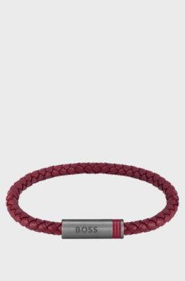 Red braided-leather cuff with magnetic logo closure, Red