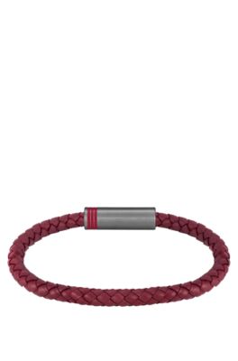 Red braided-leather cuff with magnetic logo closure, Red