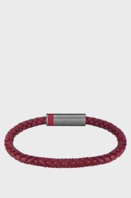 Red braided-leather cuff with magnetic logo closure, Red