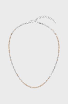 Adjustable necklace with clear and champagne-coloured crystals, Silver tone