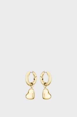 Gold-tone huggie hoop earrings with heart charms, Gold tone