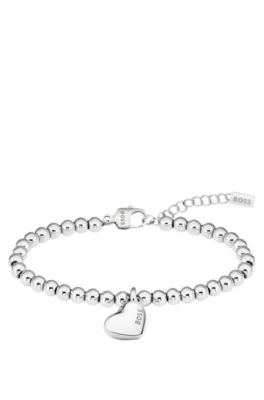 Silver-tone beaded bracelet with heart charm, Silver tone