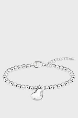 Silver-tone beaded bracelet with heart charm, Silver tone
