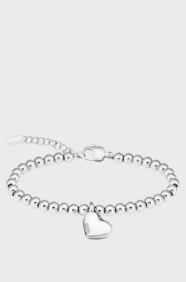 Silver-tone beaded bracelet with heart charm, Silver tone