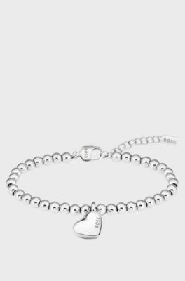 Silver-tone beaded bracelet with heart charm, Silver tone