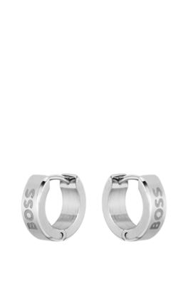 Silver-tone hoop earrings with engraved logos, Silver tone