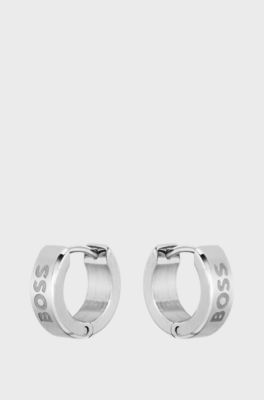 Silver-tone hoop earrings with engraved logos, Silver tone