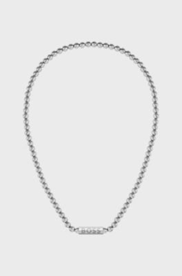 Beaded necklace in brushed stainless steel with octagonal closure, Silver tone