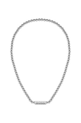 Beaded necklace in brushed stainless steel with octagonal closure, Silver tone