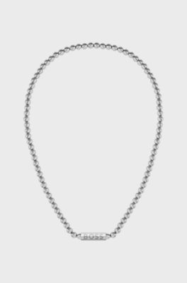 Beaded necklace in brushed stainless steel with octagonal closure, Silver tone