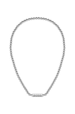 Beaded necklace in brushed stainless steel with octagonal closure, Silver tone