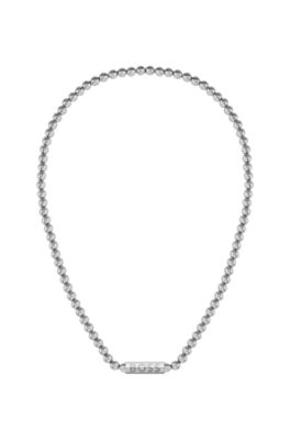 Beaded necklace in brushed stainless steel with octagonal closure, Silver tone
