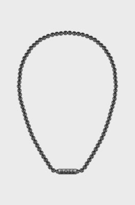 Beaded necklace with branded octagonal closure, Black