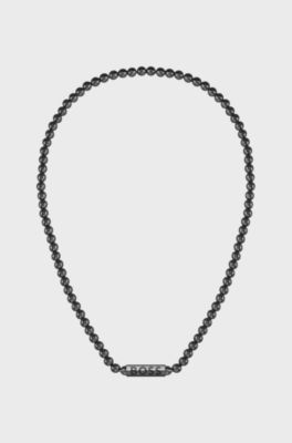 Beaded necklace with branded octagonal closure, Black