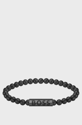 Schwarzes Perlenarmband mit Logo-Verschluss, Schwarz