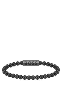 Schwarzes Perlenarmband mit Logo-Verschluss, Schwarz