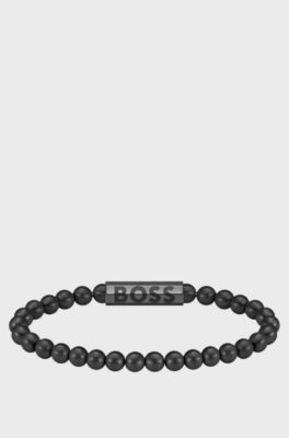 Bracciale con perline nere e chiusura con logo, Nero