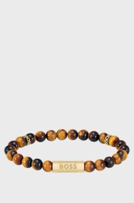 Tiger-eye beaded cuff with branded rondelles, Brown