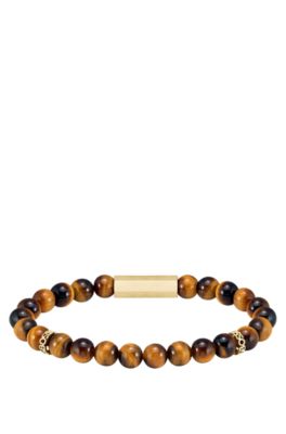 Tiger-eye beaded cuff with branded rondelles, Brown
