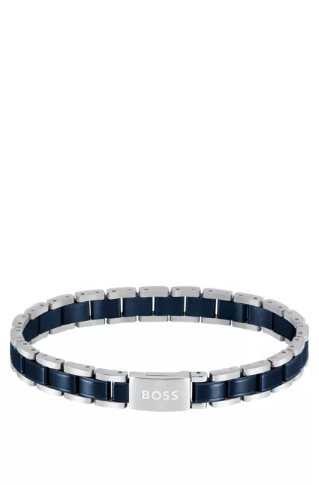 Cuff in silver-tone and blue-plated steel