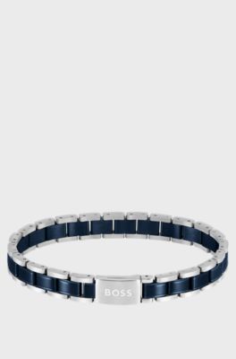 Cuff in silver-tone and blue-plated steel, Silver tone