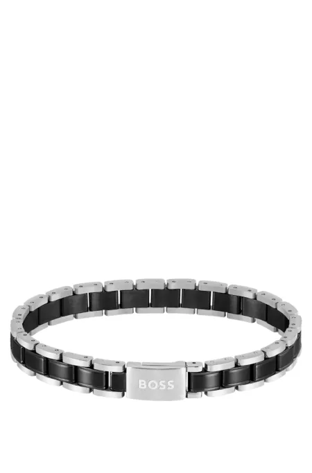 Cuff in black-plated and silver-tone steel