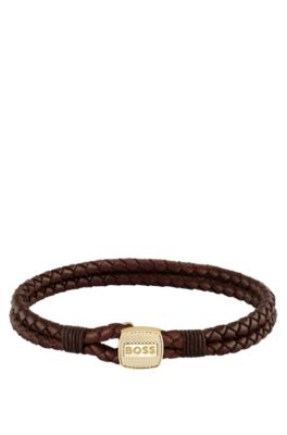 Brown braided-leather cuff with gold-tone closure, Brown