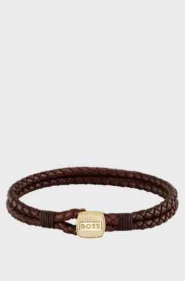 Brown braided-leather cuff with gold-tone closure, Brown