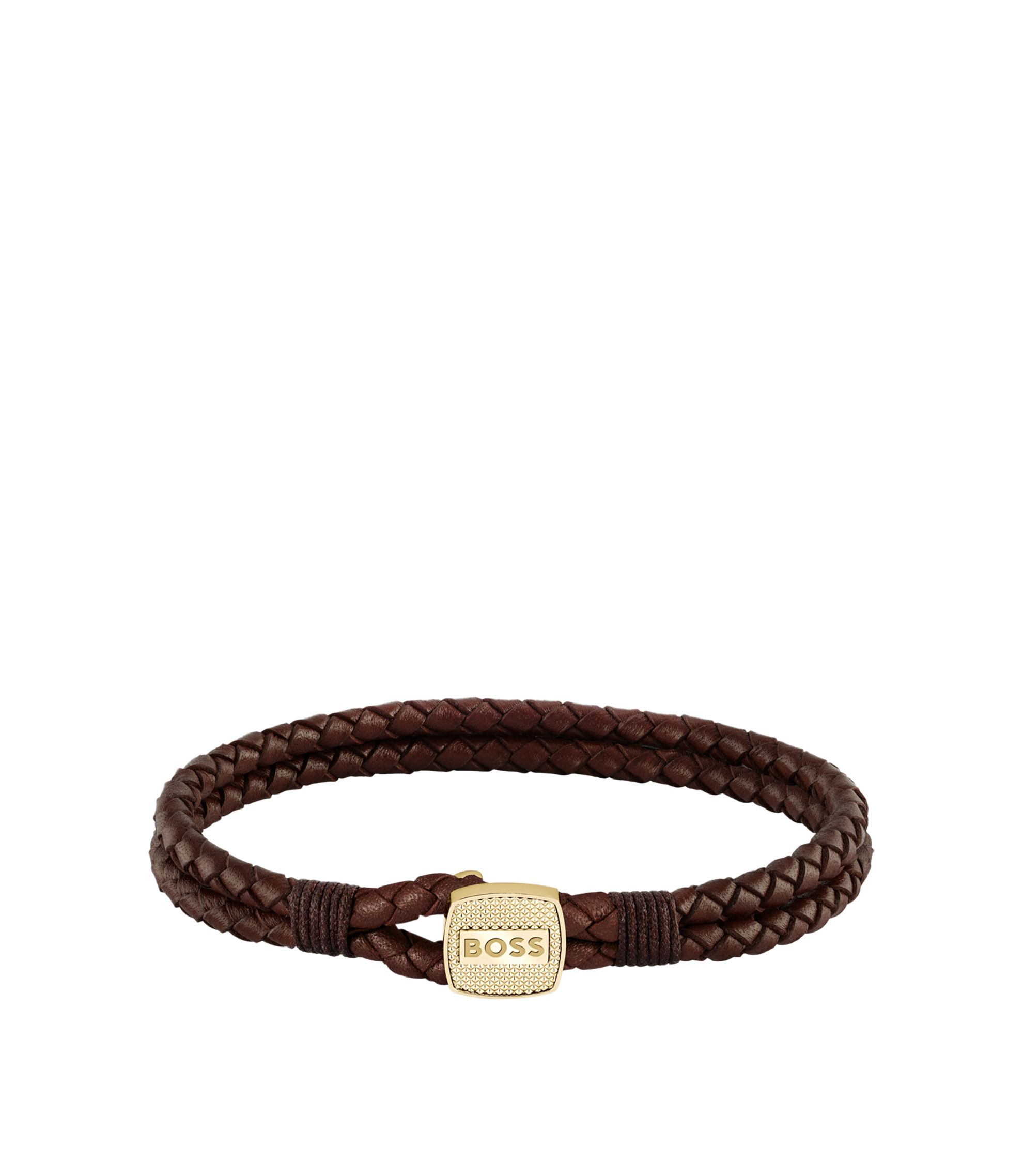 Braunes Armband aus geflochtenem Leder mit goldfarbenem Verschluss