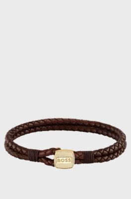 Brown braided-leather cuff with gold-tone closure, Brown