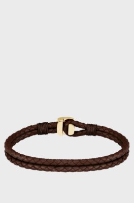 Brown braided-leather cuff with gold-tone closure, Brown